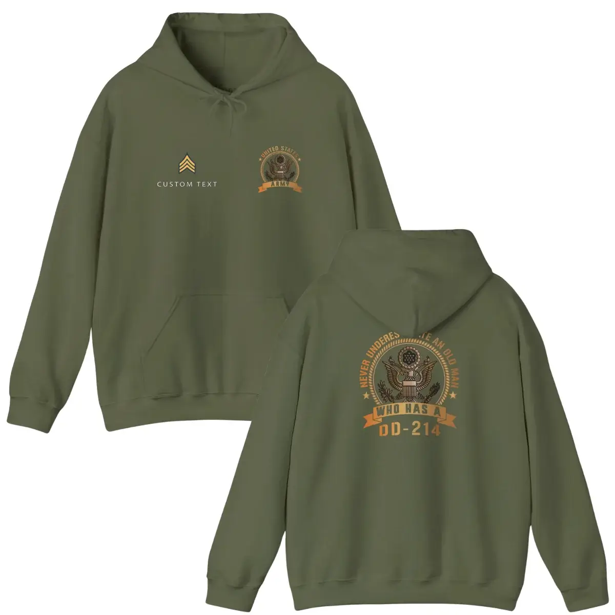 Custom Army DD-214 Hoodie – Never Underestimate an Old Man Personalized Name & Rank