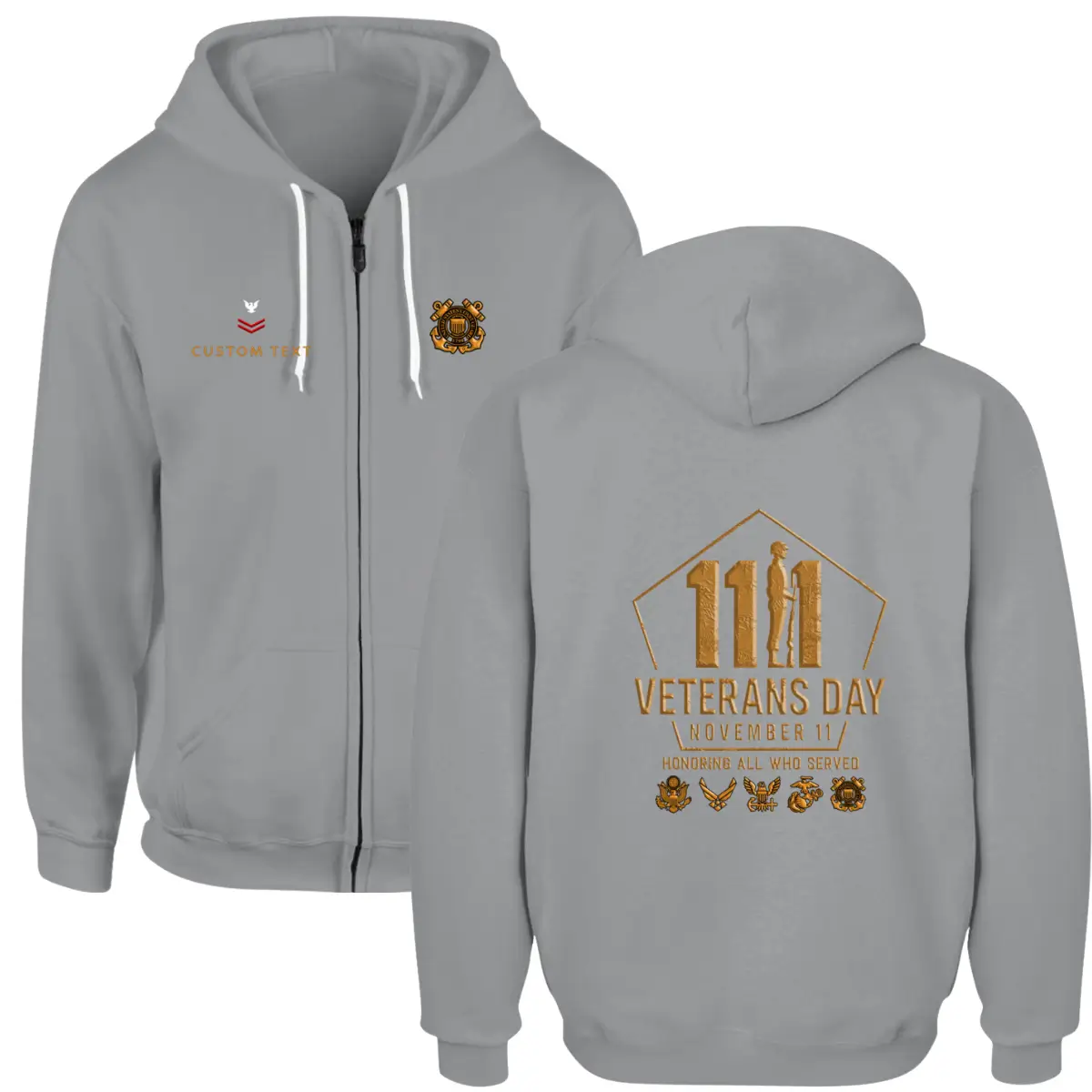 Custom Veterans Day USCG Zip Hoodie - Honoring All Who Served #000063