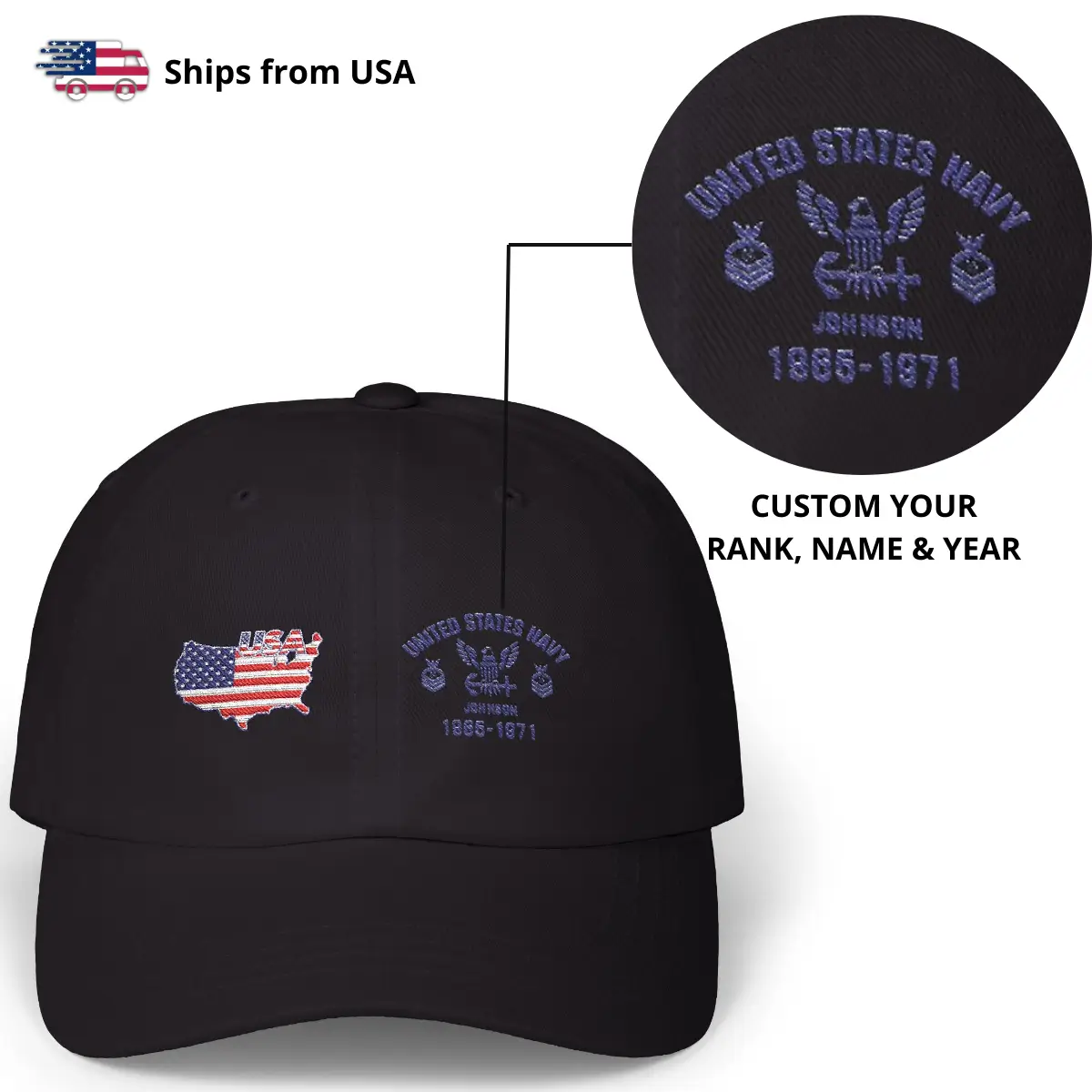 Customized U.S. Navy Veteran Hat – Personalize Rank, Name & Service Years #000067
