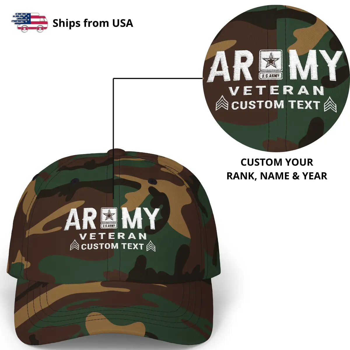 Customized U.S. Army Veteran Camo Embroidered Hat – Personal Rank, Name & Service Years #000071