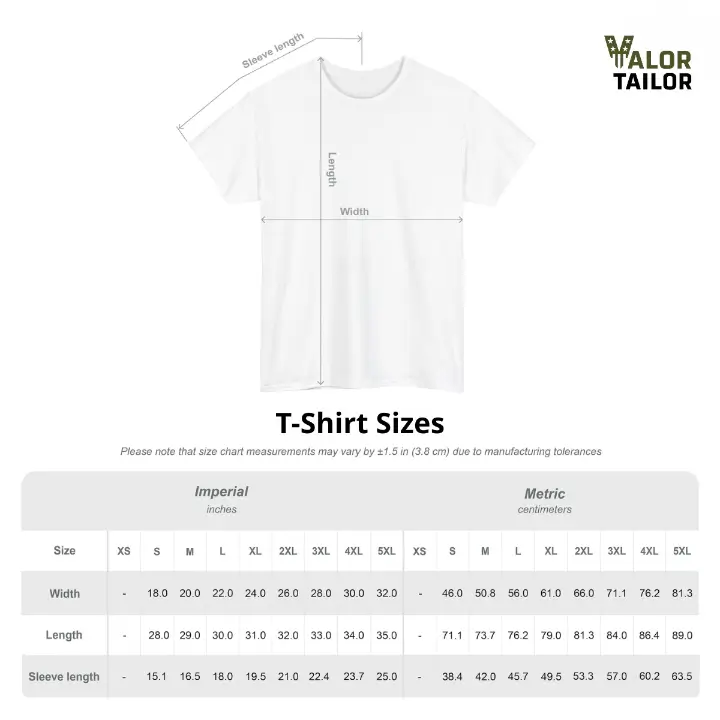 T-shirt Size Chart Valor Tailor