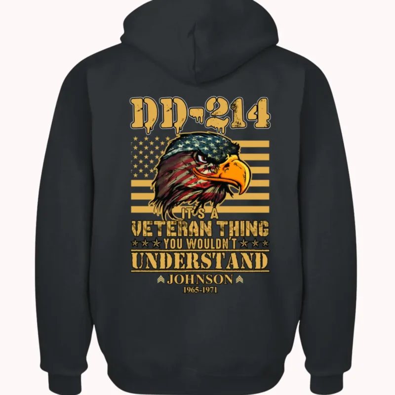 Customized DD-214 Veteran Zip Hoodie – Eagle Edition – Personalized Name & Service Years #000098