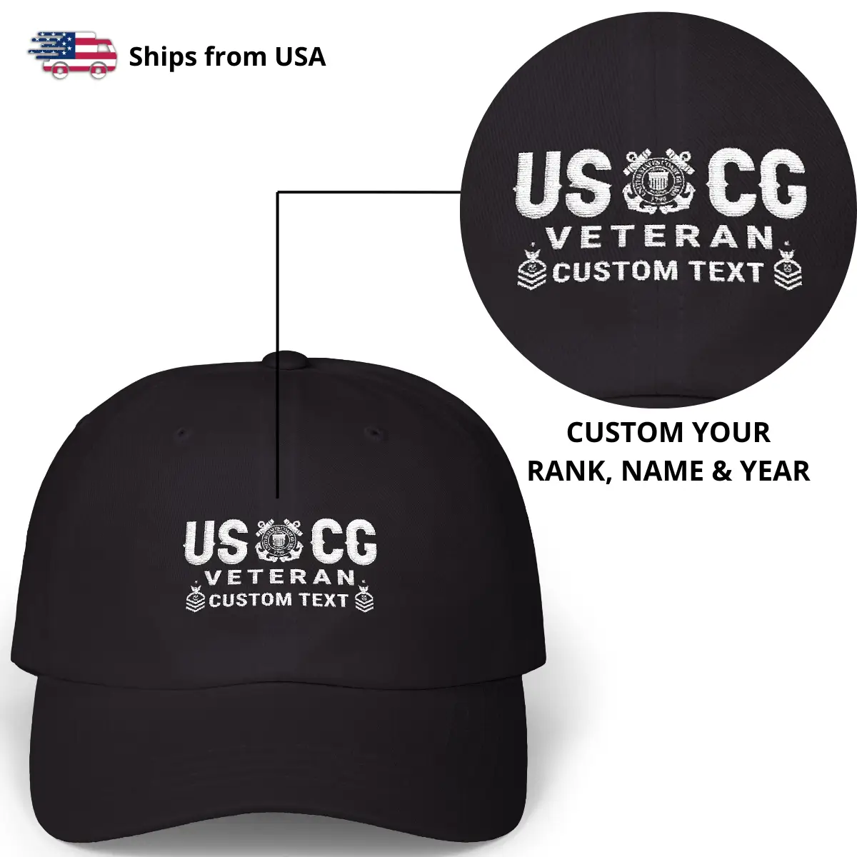 Customized USCG Veteran Embroidered Hat – Personal Rank, Name & Service Years #000075