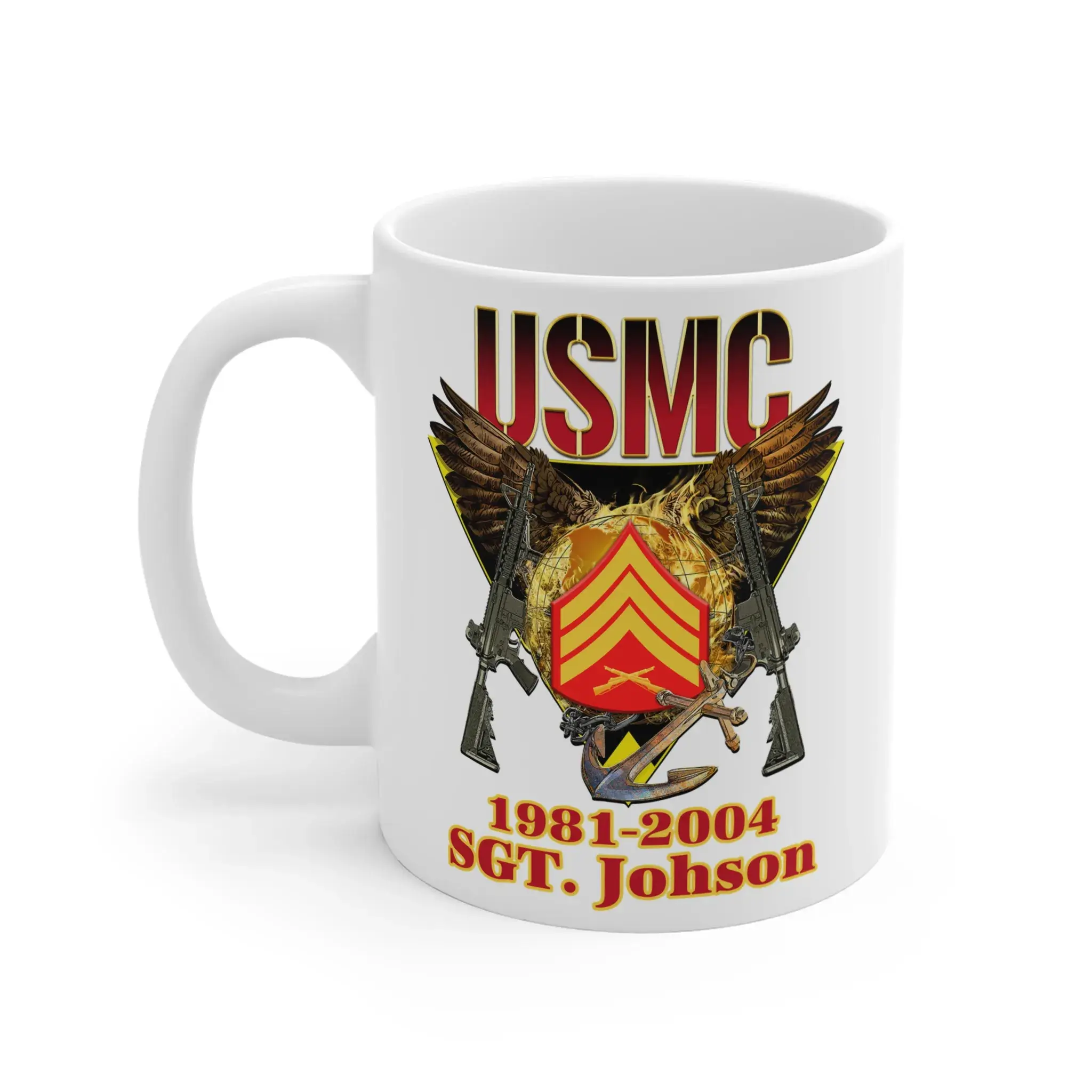 Customized USMC Veteran Coffee Mug – Rank, Name & Service Years – Marine Corps Eagle & Rifles Design #000099