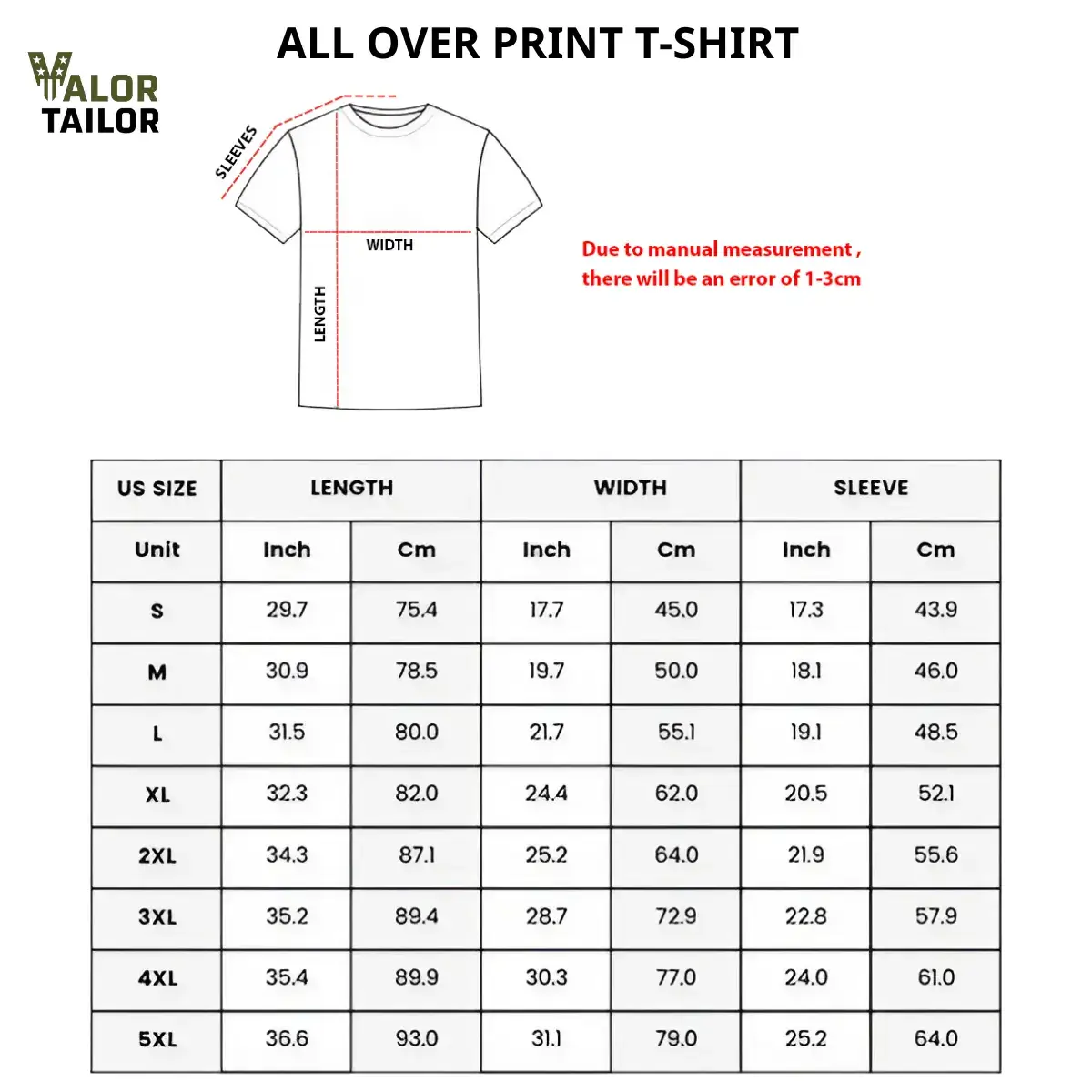 All Over Print T-shirt Size Chart