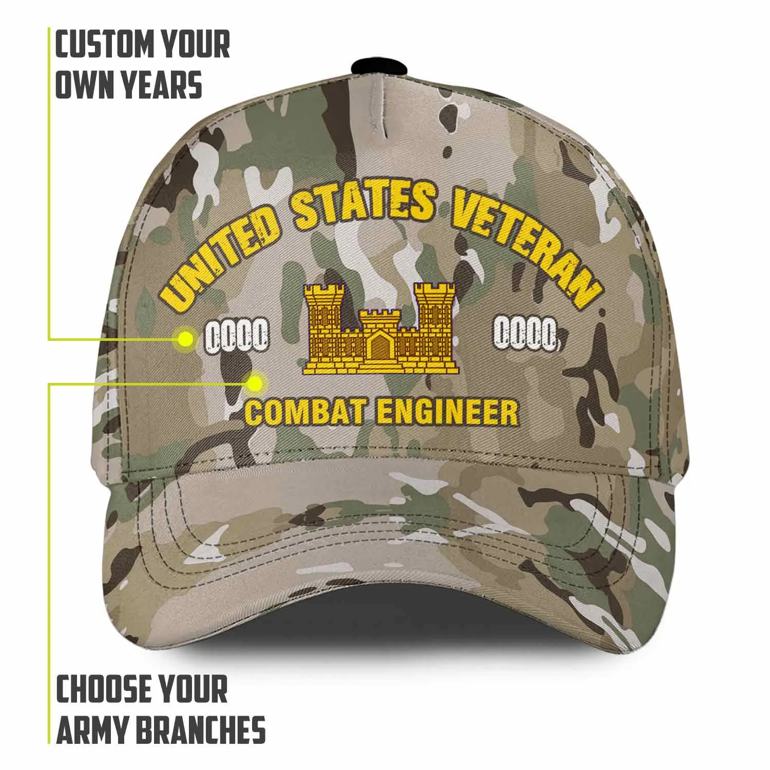 Custom Army Branch Veteran Camo Hat - Personalized MOSBranch, Rank, Name & Years #000173