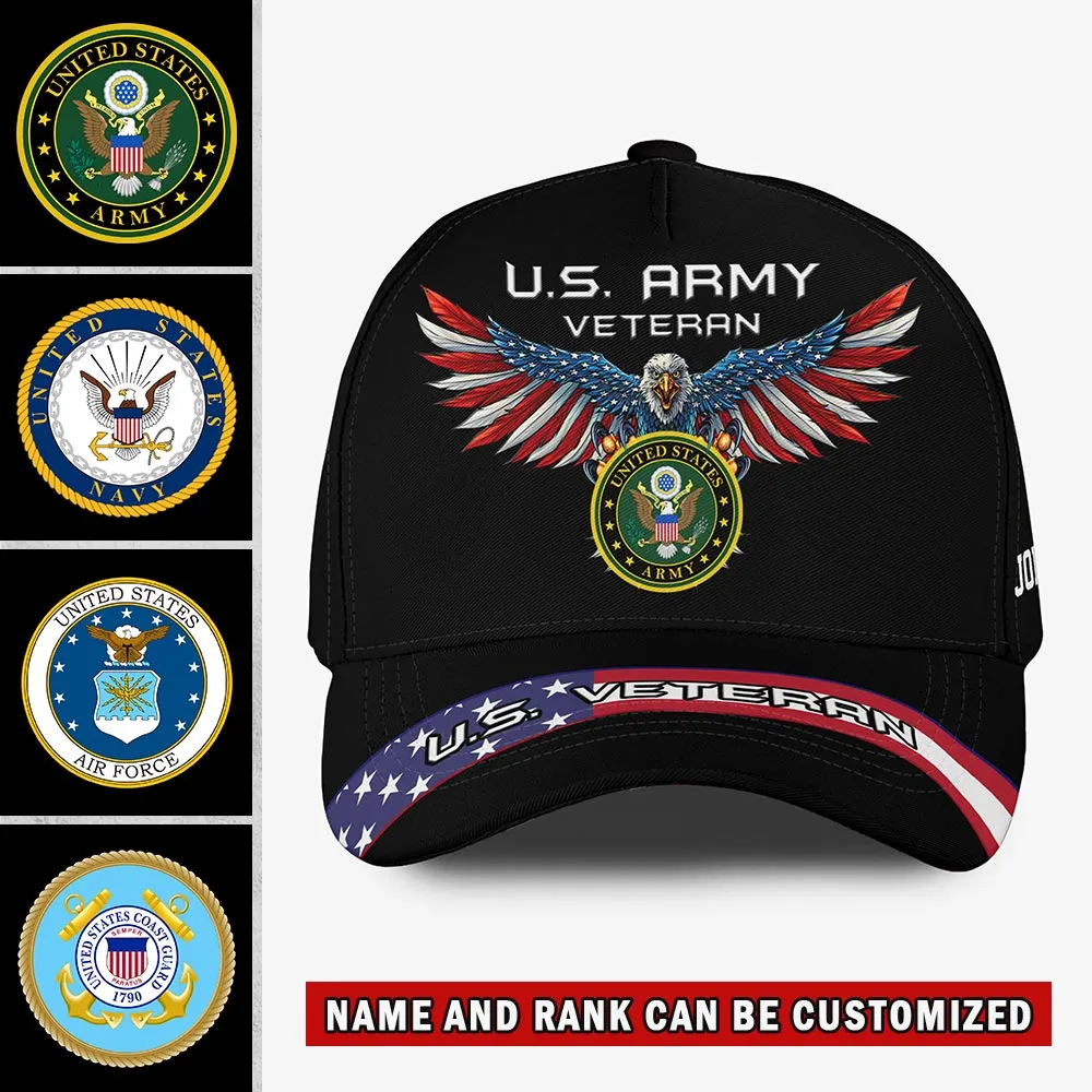 Custom Flag-Winged Eagle Veteran Hat - Personalized Branch, Rank, Name & Service Years #000171
