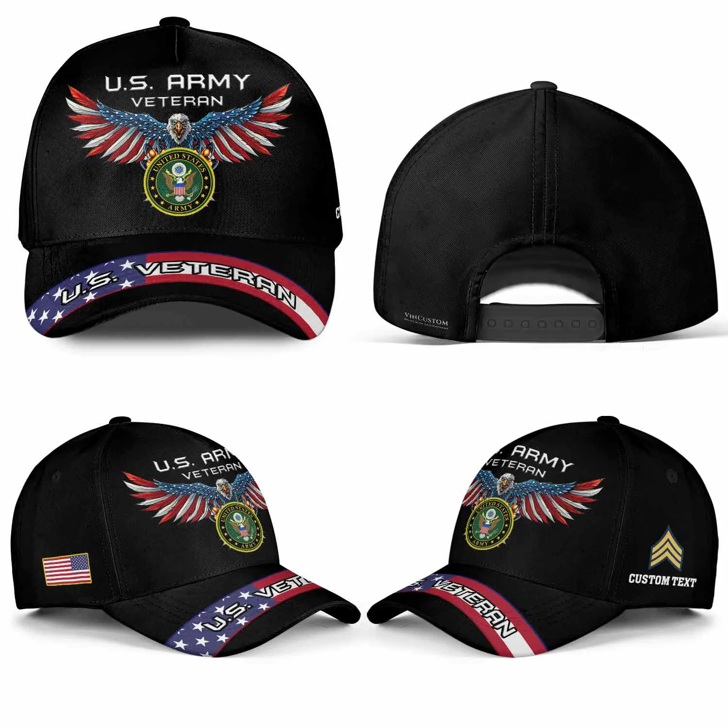 Custom Flag-Winged Eagle Veteran Hat - Personalized Branch, Rank, Name & Service Years #000171