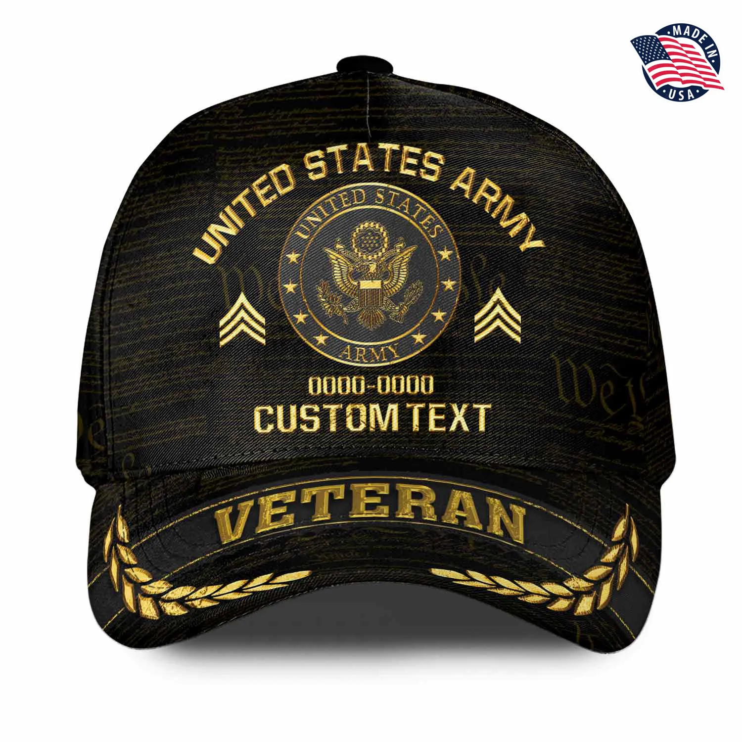 Custom Rank & Years Veteran Hat - Gold Wreath Brim - Choose Your Military Branch #000166