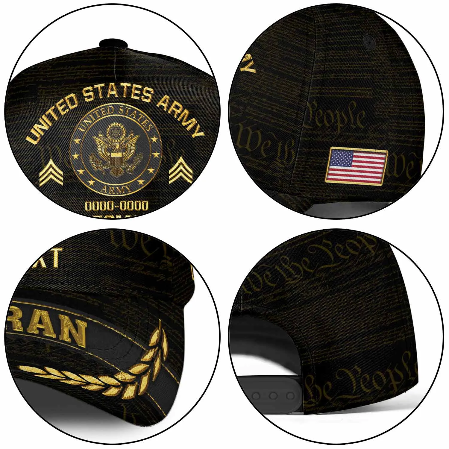 Custom Rank & Years Veteran Hat - Gold Wreath Brim - Choose Your Military Branch #000166