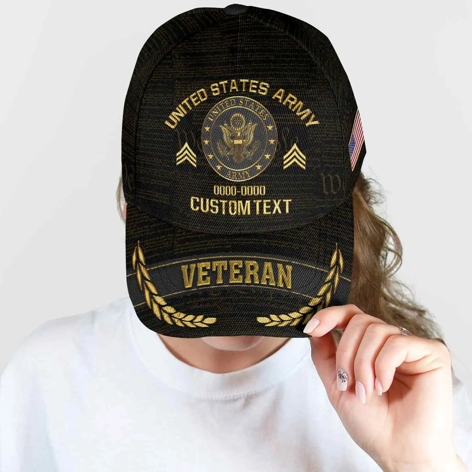 Custom Rank & Years Veteran Hat - Gold Wreath Brim - Choose Your Military Branch #000166