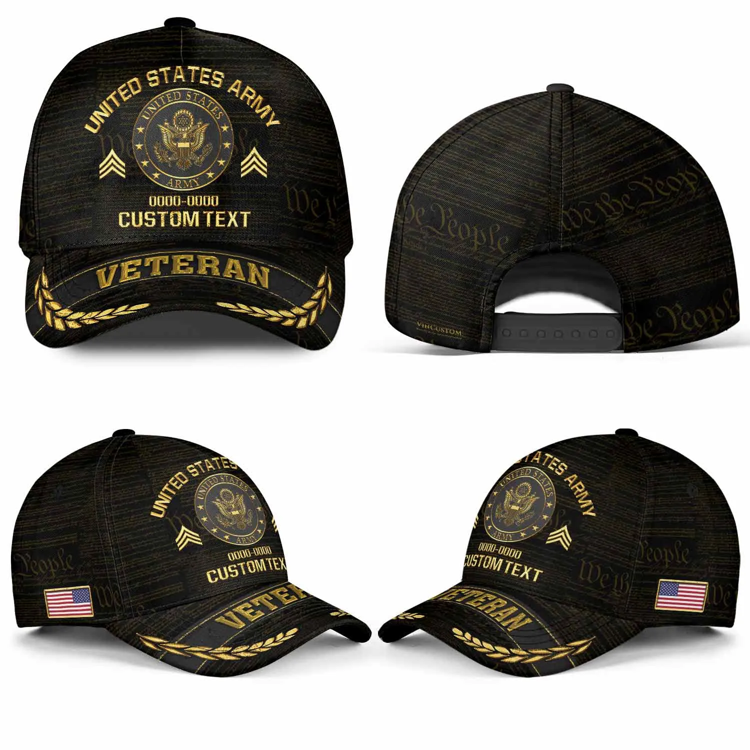 Custom Rank & Years Veteran Hat - Gold Wreath Brim - Choose Your Military Branch #000166