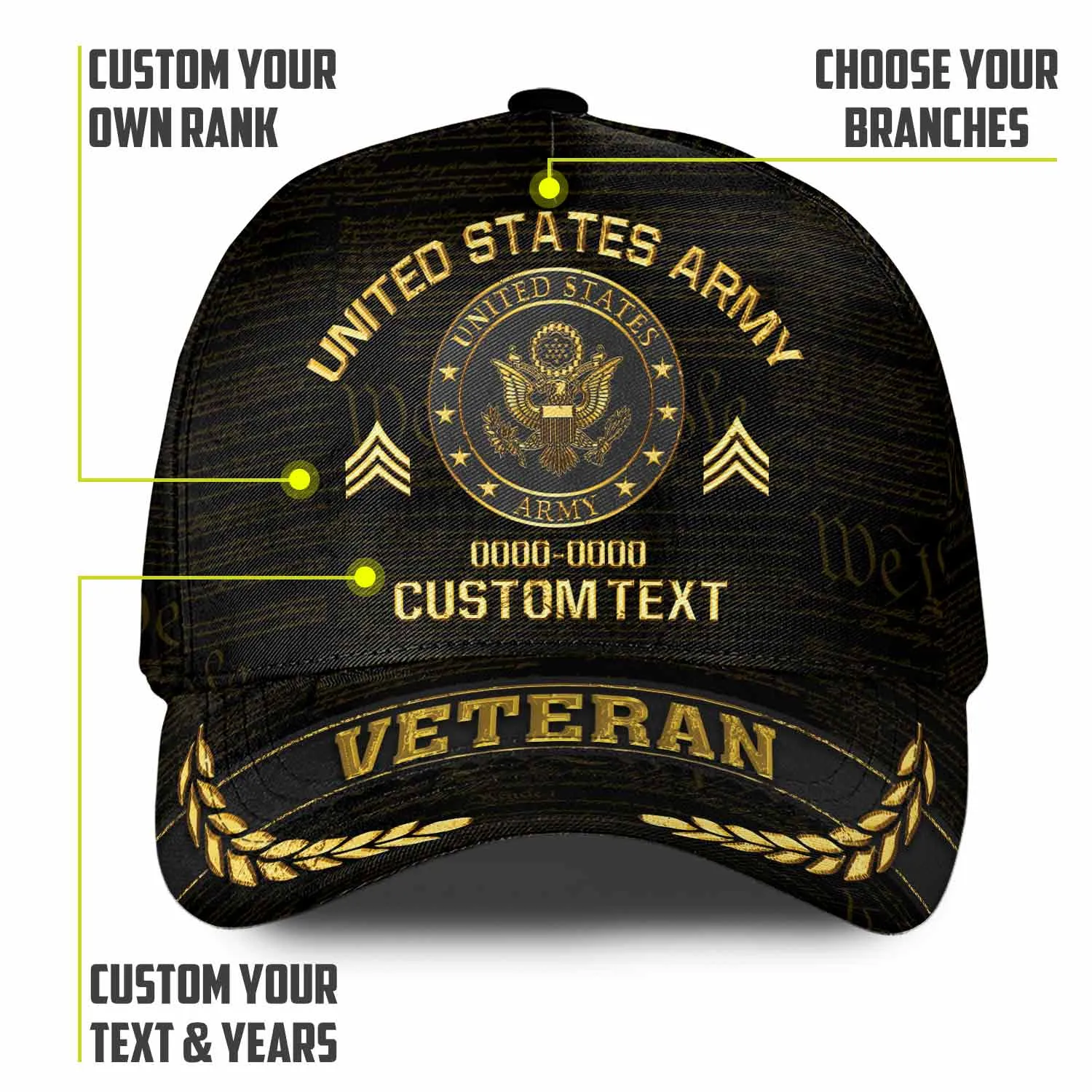 Custom Rank & Years Veteran Hat - Gold Wreath Brim - Choose Your Military Branch #000166