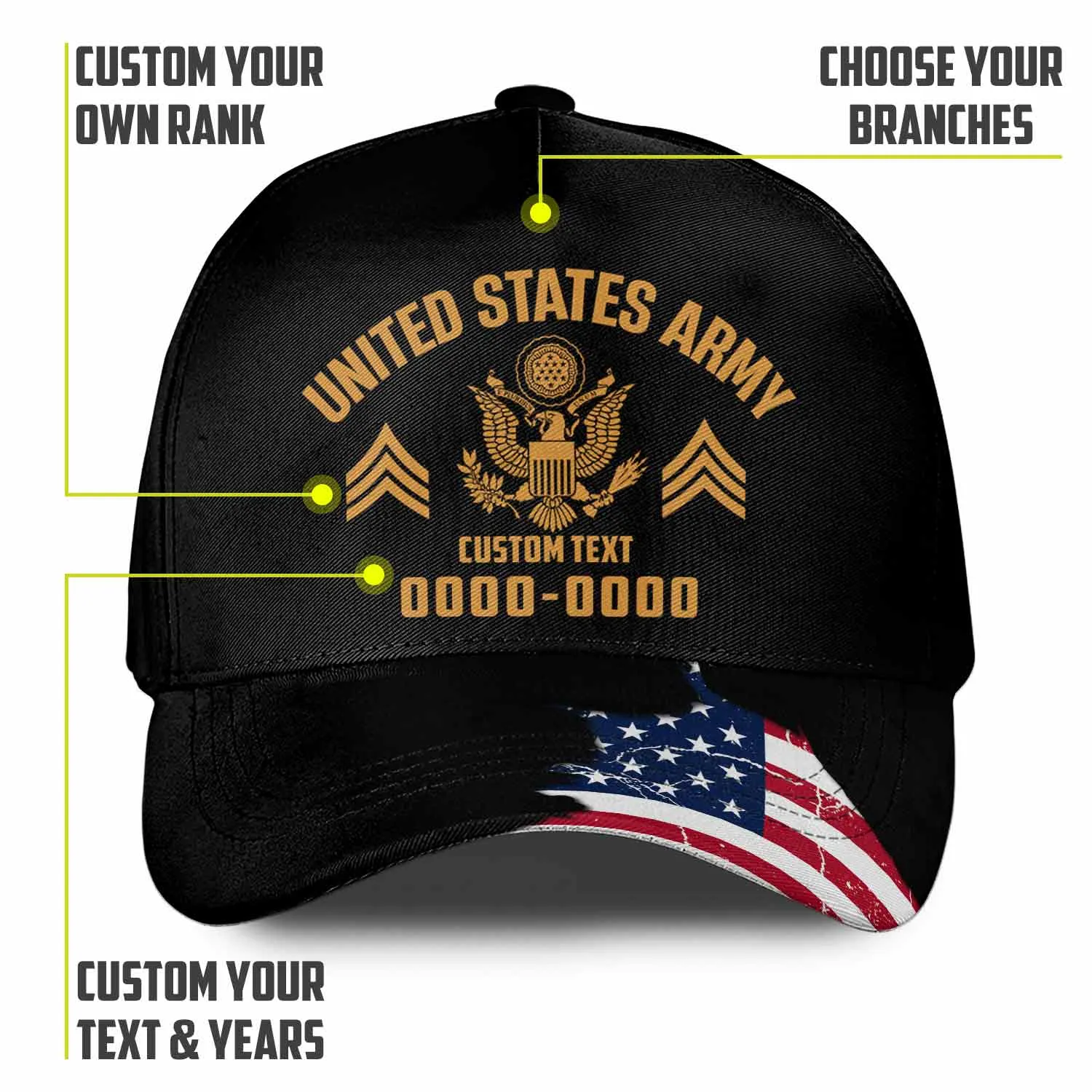 Custom Ripped Flag Veteran Hat - Personalized Branch, Rank, Name & Service Years #000170