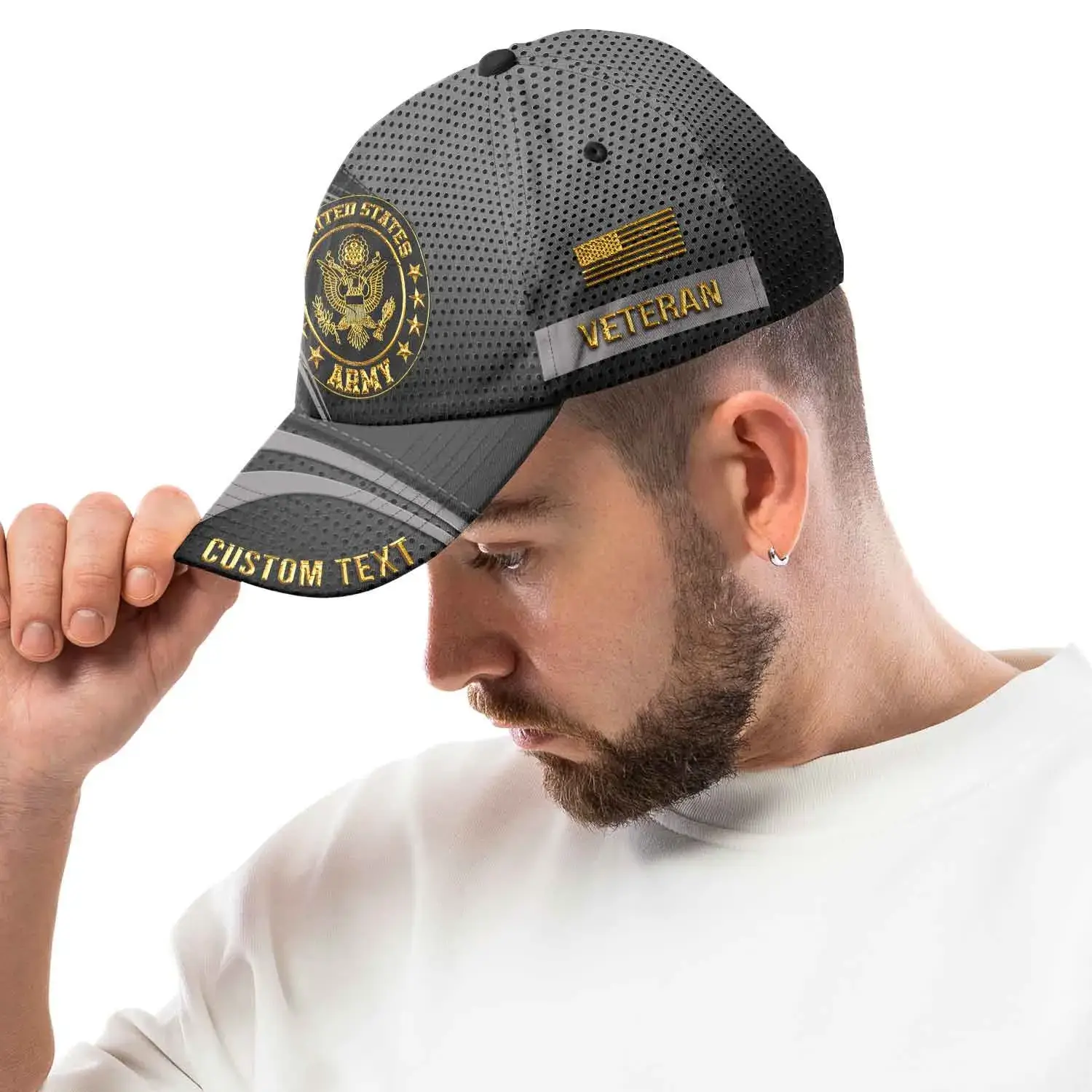 Custom US Veteran Hat All Branches - Black Gold Emblem Cap #000159