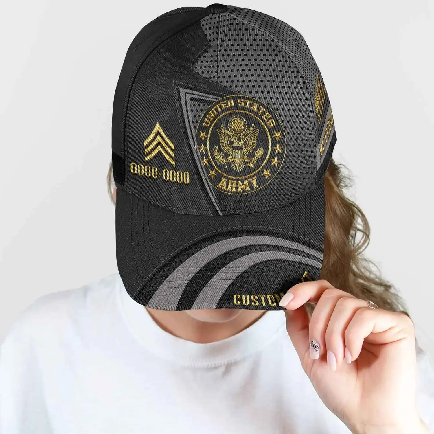 Custom US Veteran Hat All Branches - Black Gold Emblem Cap #000159