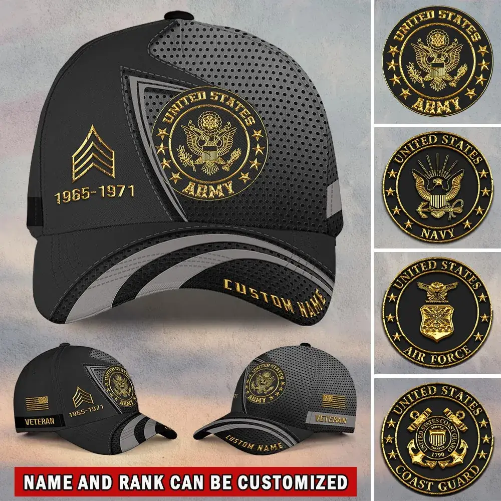 Custom US Veteran Hat All Branches - Black Gold Emblem Cap #000159