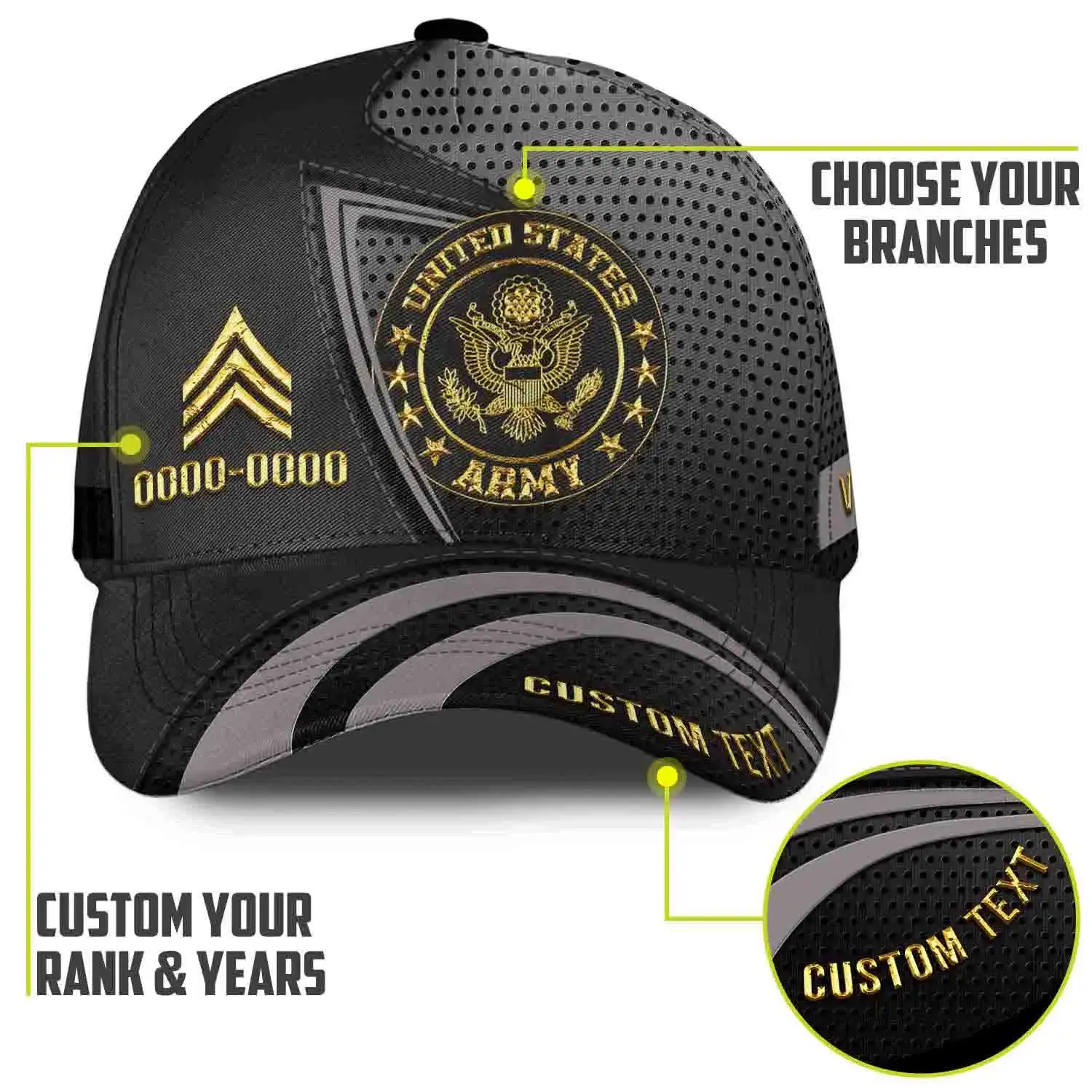 Custom US Veteran Hat All Branches - Black Gold Emblem Cap #000159