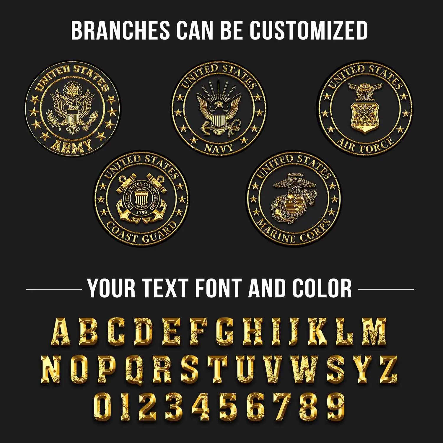 Custom US Veteran Hat All Branches - Black Gold Emblem Cap #000159