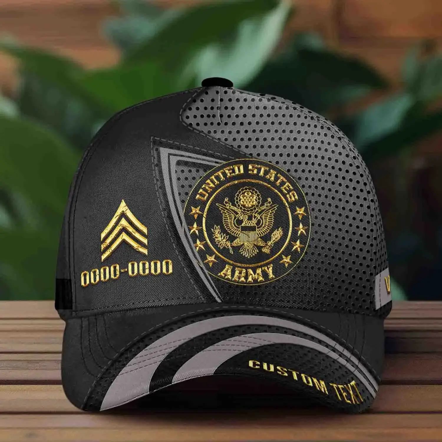 Custom US Veteran Hat All Branches - Black Gold Emblem Cap #000159