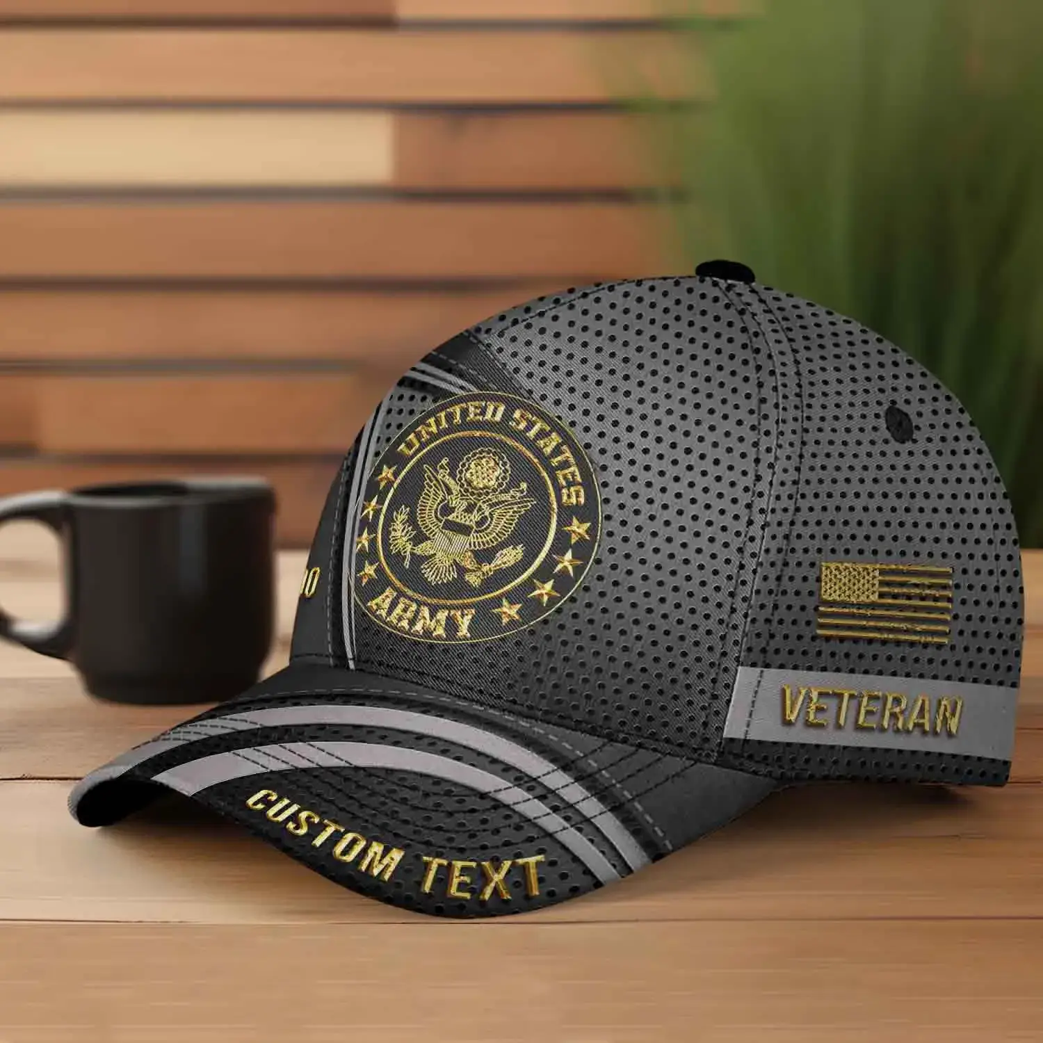 Custom US Veteran Hat All Branches - Black Gold Emblem Cap #000159