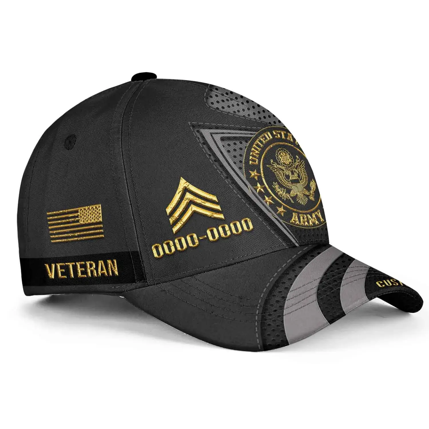 Custom US Veteran Hat All Branches - Black Gold Emblem Cap #000159