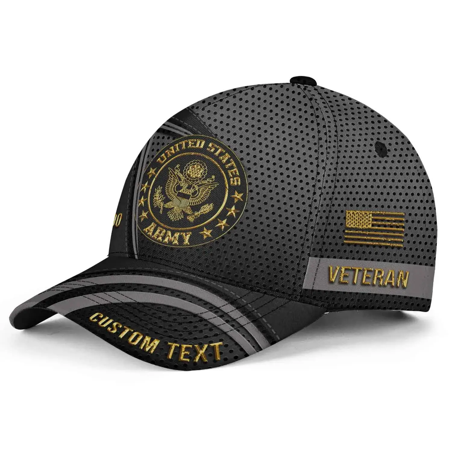 Custom US Veteran Hat All Branches - Black Gold Emblem Cap #000159