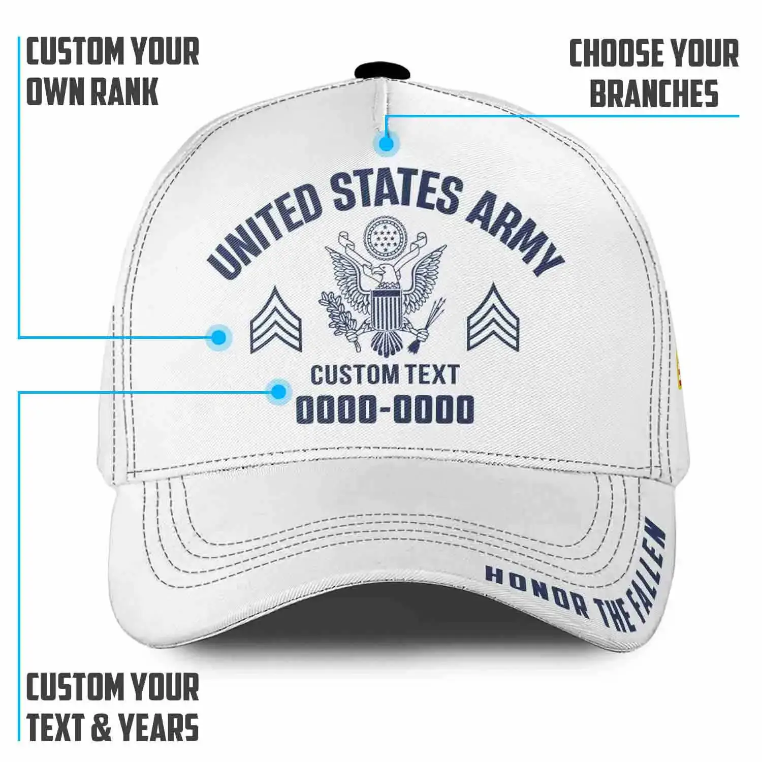 Custom Veteran Hat All Branches - White Honor The Fallen Cap #000158