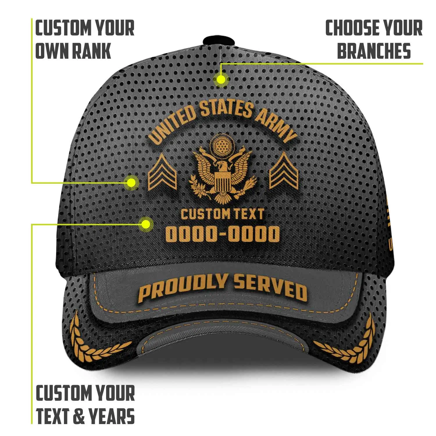 Customized U.S Veteran Proudly Served Hat - Personalize Branch, Rank, Name & Year #000155