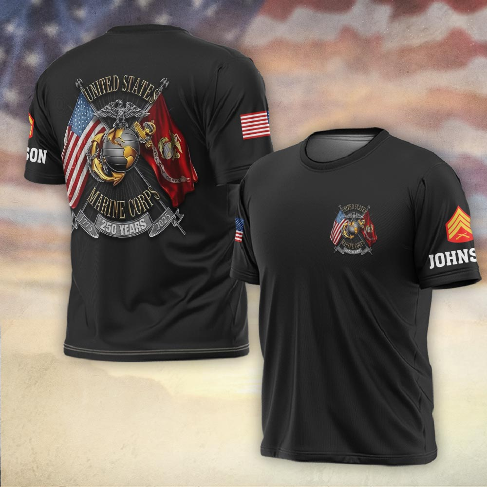 Celebrate 250 years of Leatherneck legacy (1775-2025) with this Custom USMC Anniversary Shirt. Features Crossed Flags, EGA, and personalized Sleeve Name & Rank. Officially honoring the Few and the Proud. Semper Fi!