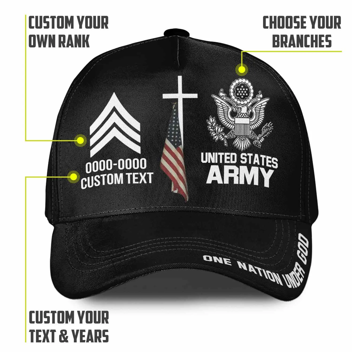 Custom One Nation Under God Hat - Personalization Veteran Black Cap #000164