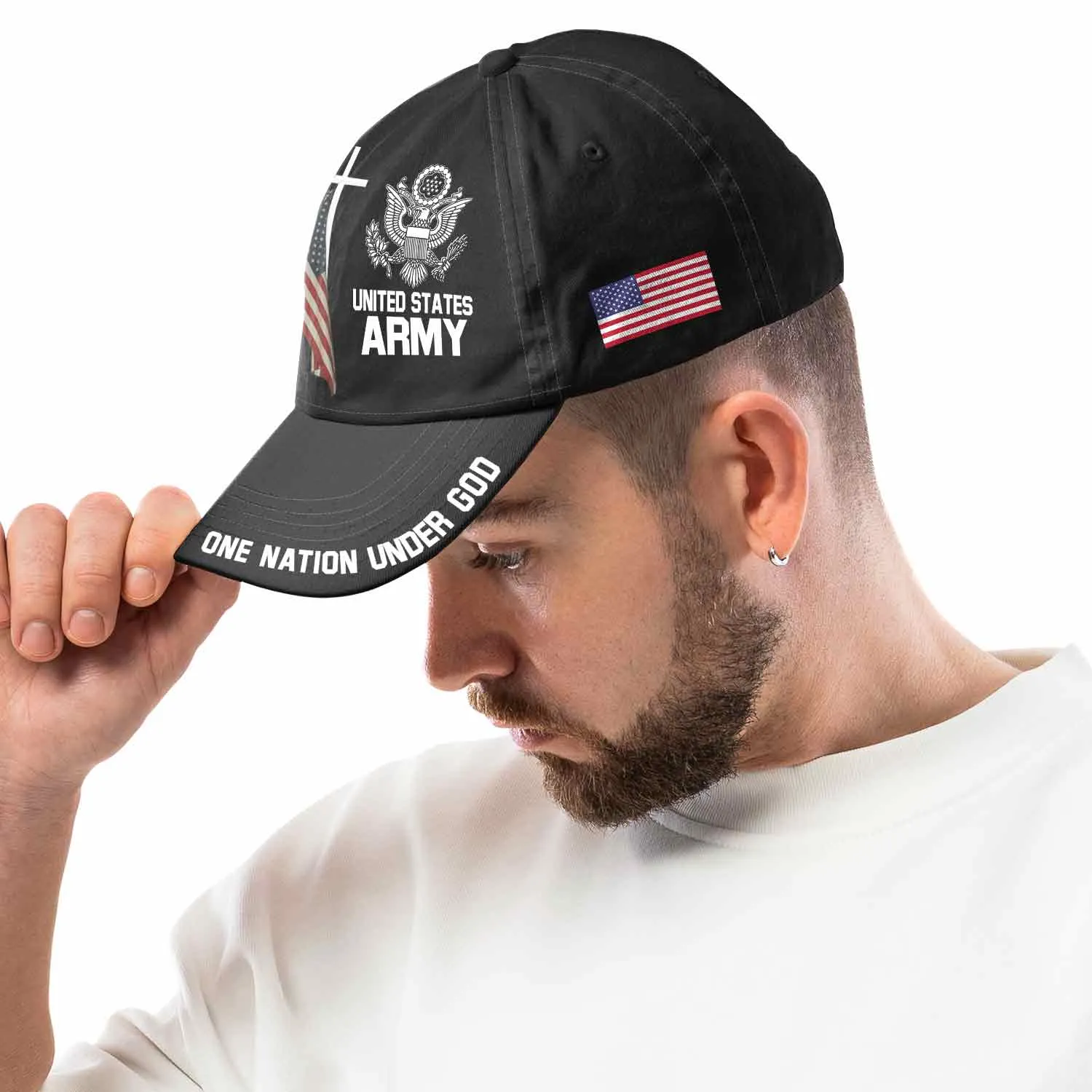 Custom One Nation Under God Hat - Personalization Veteran Black Cap #000164