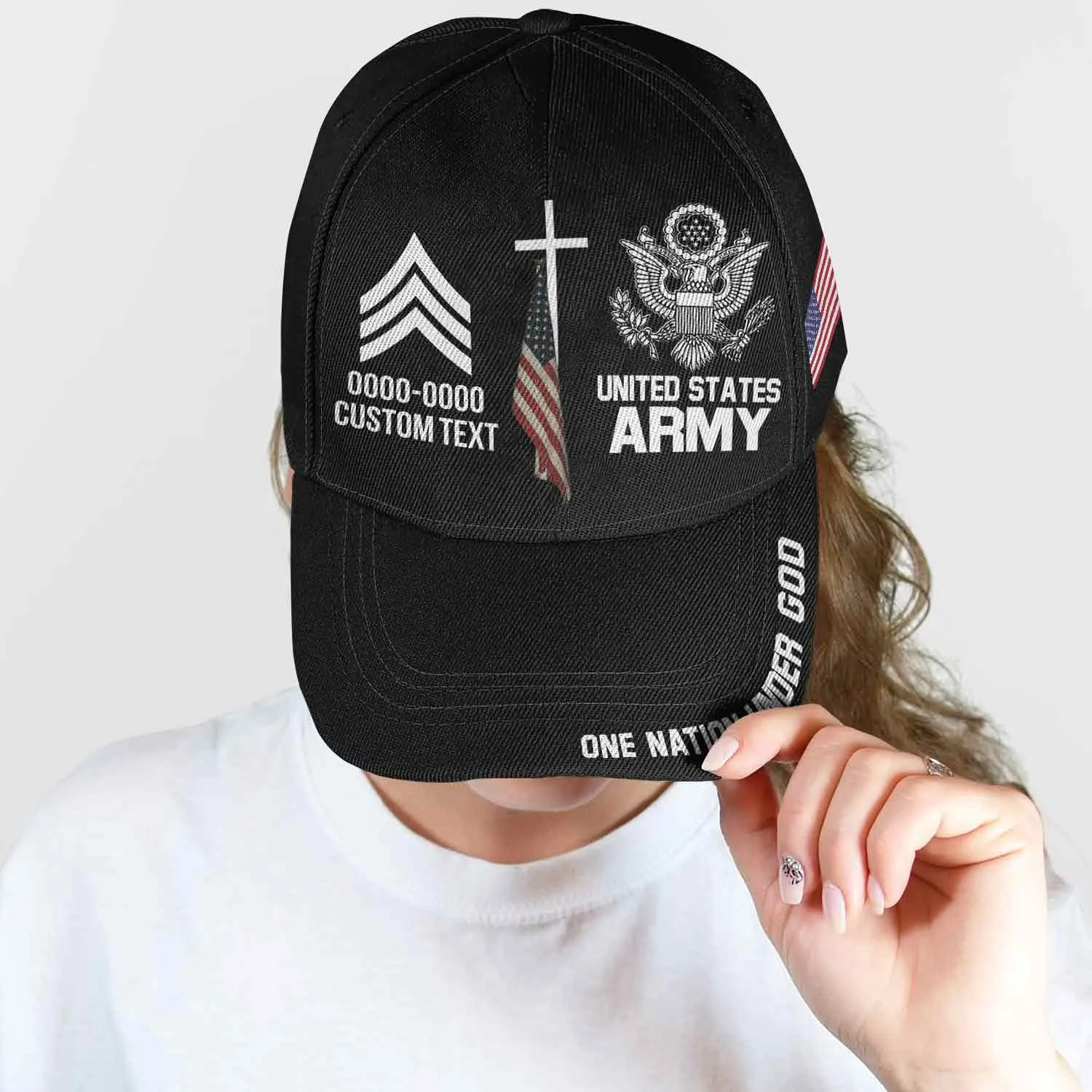 Custom One Nation Under God Hat - Personalization Veteran Black Cap #000164