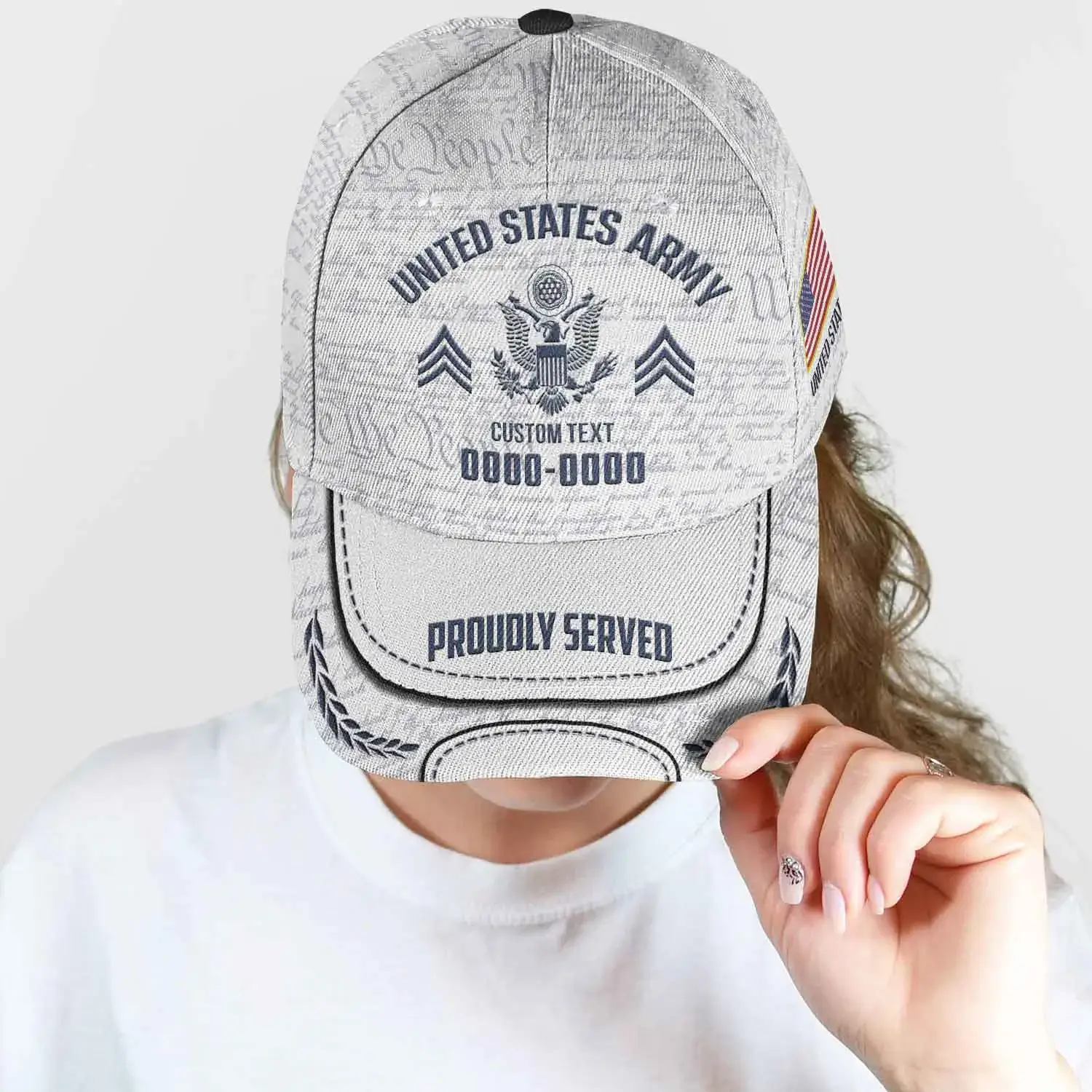 White Custom Veteran Hat - Personalized Proudly Served Baseball Cap #000157