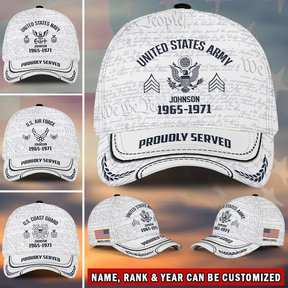 White Custom Veteran Hat - Personalized Proudly Served Baseball Cap #000157