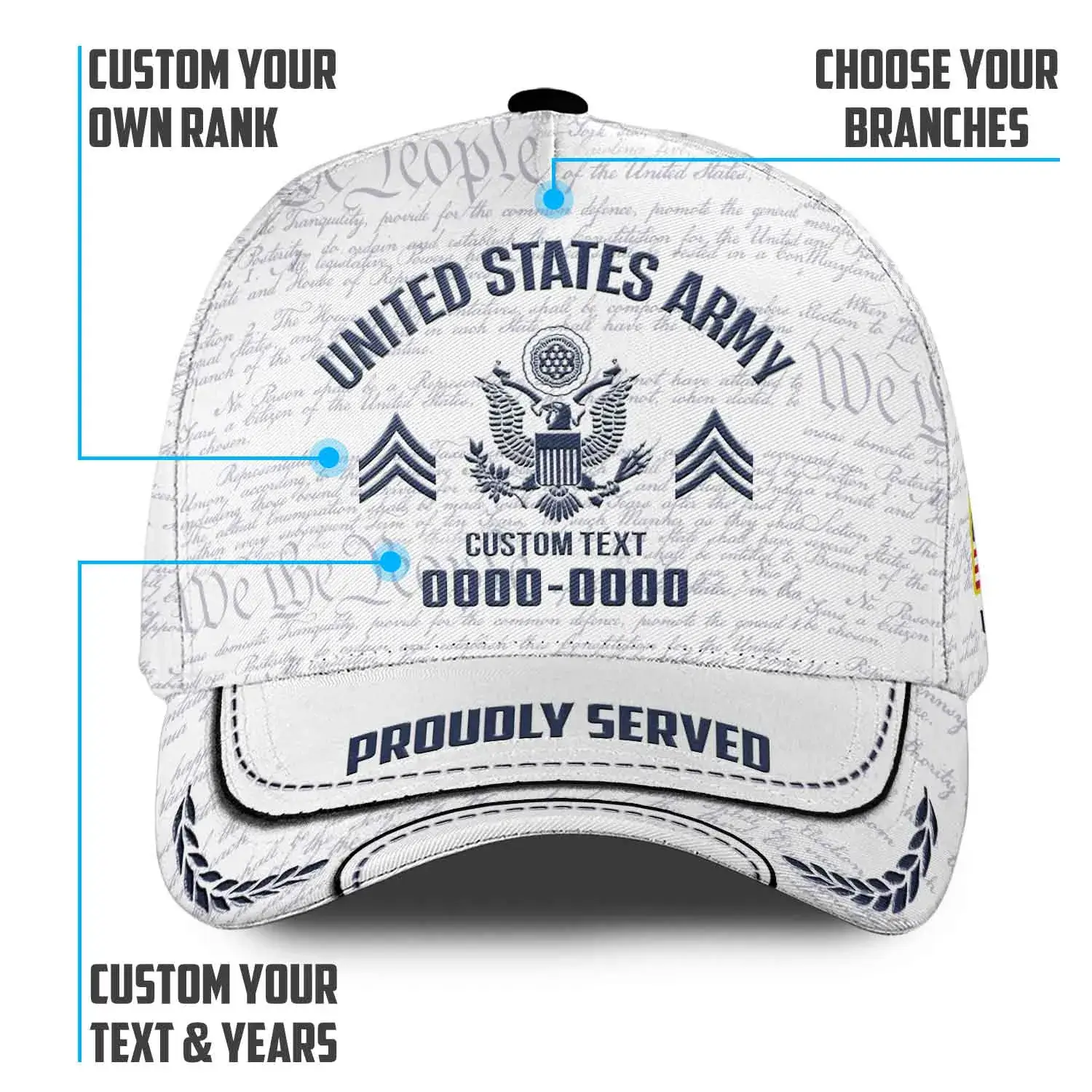 White Custom Veteran Hat - Personalized Proudly Served Baseball Cap #000157