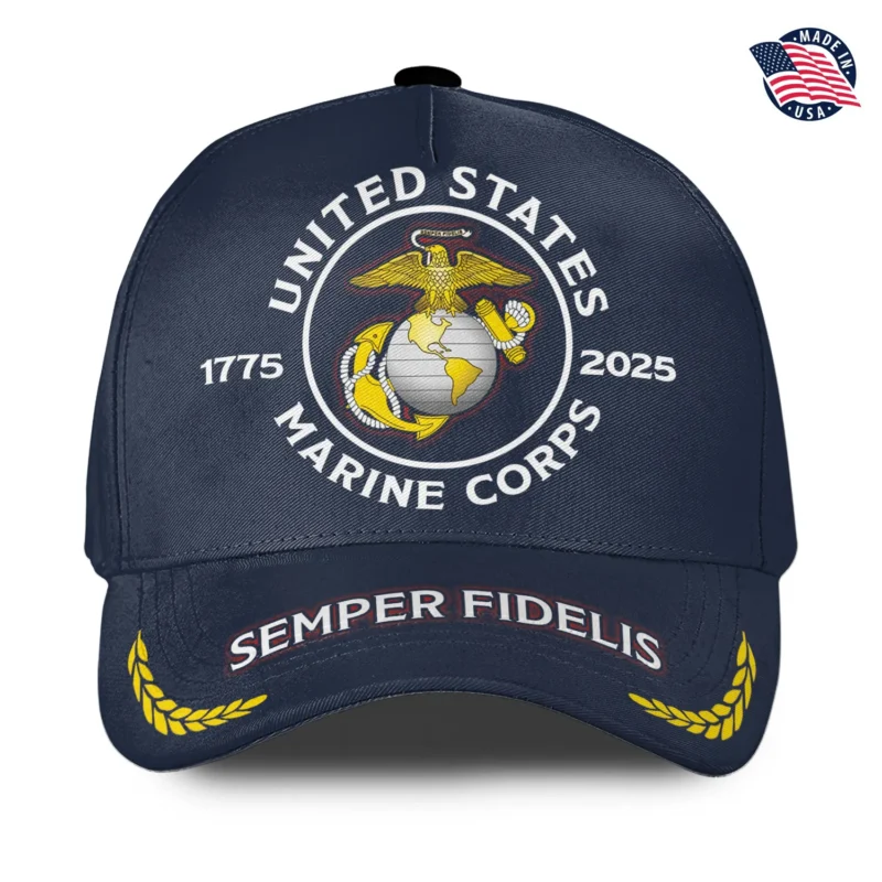 For a quarter of a millennium, the United States Marine Corps has set the standard for honor, courage, and commitment. While some designs are loud and aggressive, the Classic Navy Blue USMC 250th Anniversary Cap takes a different approach. Inspired by the sharp, dignified look of the iconic Dress Blue uniform, this commemorative cover offers a clean, timeless aesthetic that honors the monumental 1775 - 2025 milestone with pure class. Design Meaning & Classic Aesthetics: The "Dress Blue" Profile: The cap utilizes a deep, rich navy blue background that provides incredible contrast, hides everyday wear, and looks effortlessly sharp whether you're at the golf course or a battalion reunion. The Pristine EGA: Front and center is the legendary Eagle, Globe, and Anchor, encircled by the proud words UNITED STATES MARINE CORPS. It’s a flawless, uncluttered tribute to the core of your identity. The Historic Milestone: The crisp white dates 1775 and 2025 perfectly balance the design, making this a true collector's piece for the 250th birthday. The Commander’s Brim: The visor is detailed with striking red-and-white outlined "SEMPER FIDELIS" text, flanked by golden officer-style laurel wreaths.