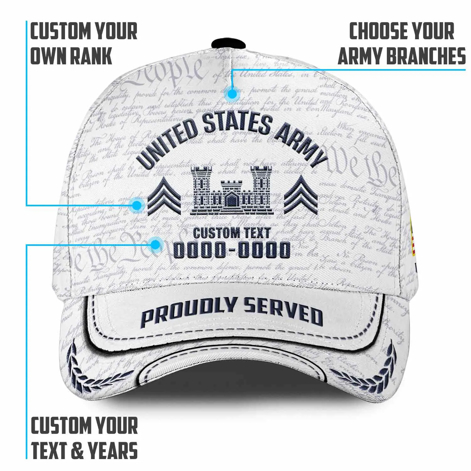 Custom Army Branch Veteran White Hat - Personalized MOS Branch, Rank, Name & Years #000180