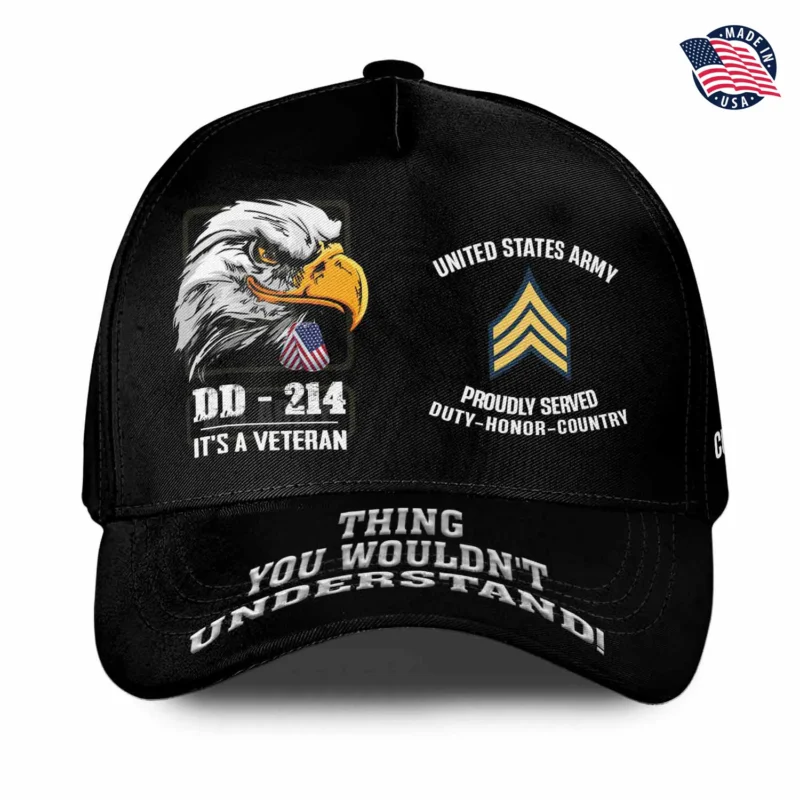 Make a bold statement with the Custom DD-214 'Veteran Thing' Hat. Featuring a striking eagle design, 'Duty-Honor-Country' motto, and wrap-around visor text. Personalize the front with your Rank, and the side panel with your Branch and Name. Order your exclusive cover today!