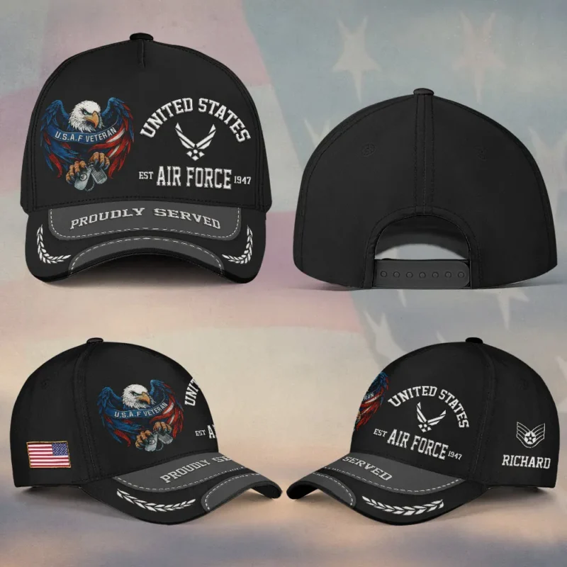 Custom Eagle & Dog Tags U.S Air Force Veteran Printed Hat – Personalized Rank & Name #000265