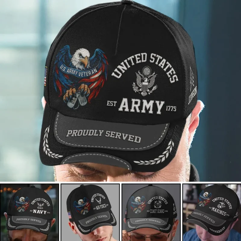 Custom Eagle & Dog Tags U.S Veteran Printed Hat - Personalized Branch, Rank & Name - Proudly Served Cap #000262