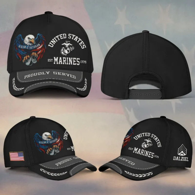 Custom Eagle & Dog Tags USMC Veteran Printed Hat – Personalized Rank & Name #000267