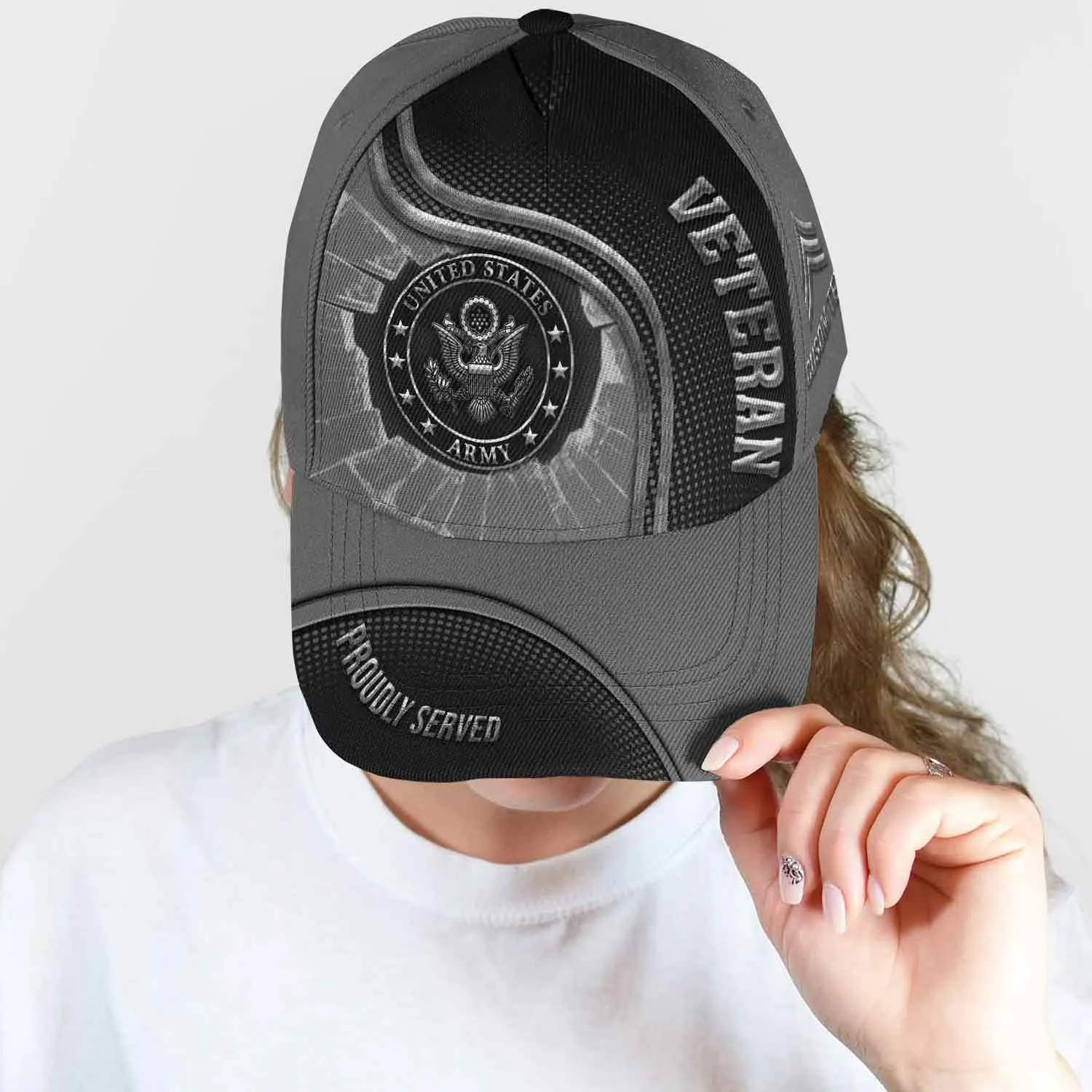 Custom Metallic Veteran Hat - Shattered Steel Design - Personalized Branch, Rank, Name & Years #000176