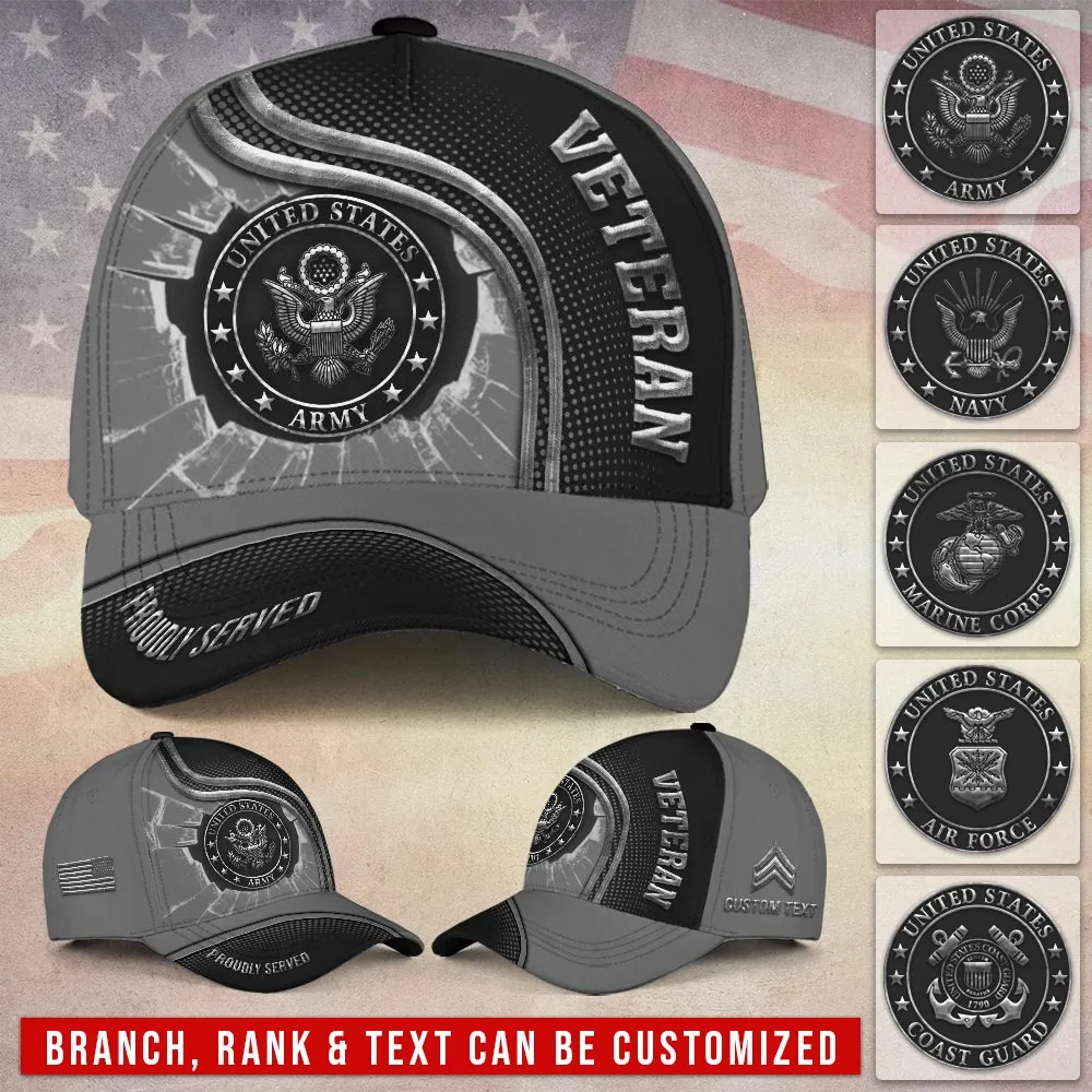 Custom Metallic Veteran Hat - Shattered Steel Design - Personalized Branch, Rank, Name & Years #000176