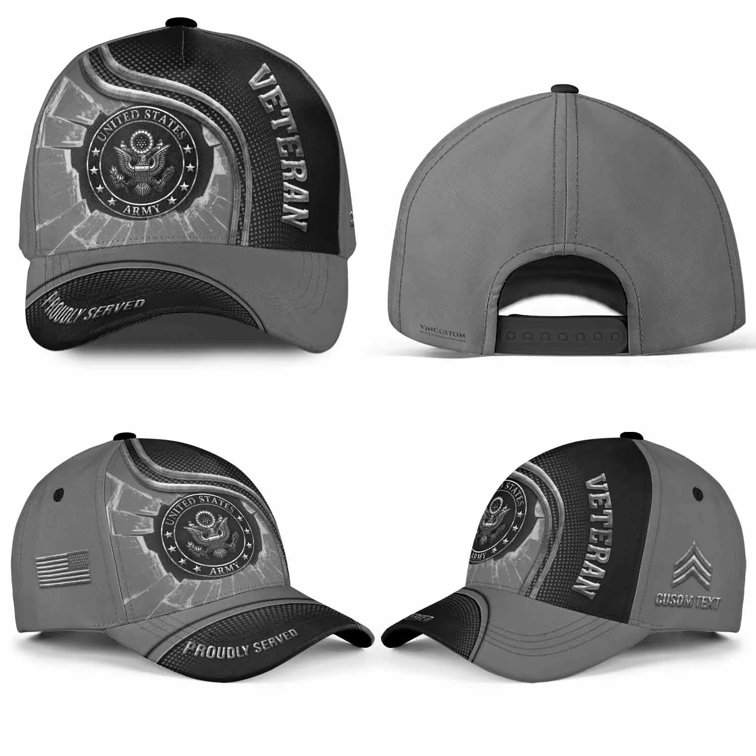 Custom Metallic Veteran Hat - Shattered Steel Design - Personalized Branch, Rank, Name & Years #000176