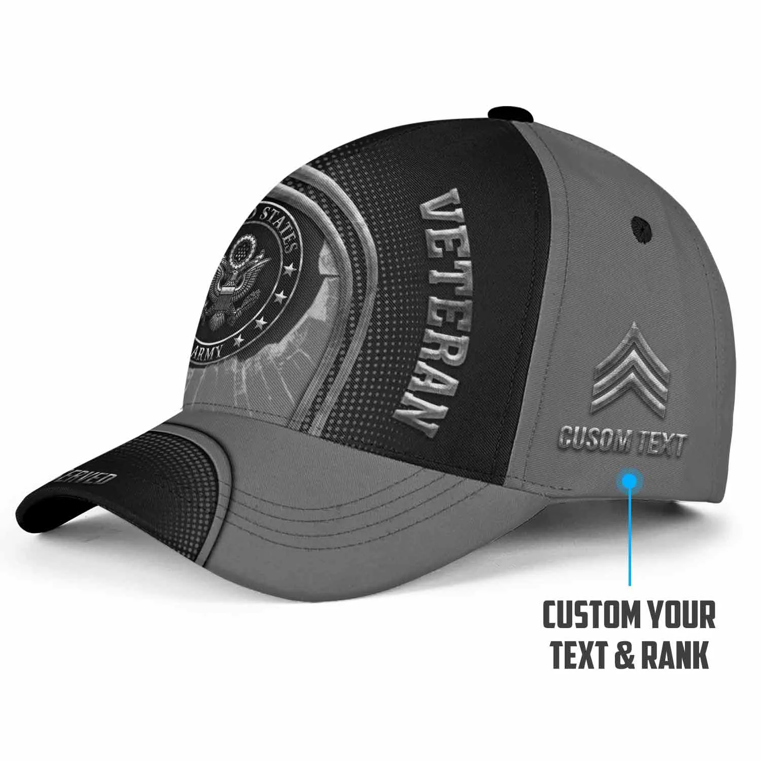Custom Metallic Veteran Hat - Shattered Steel Design - Personalized Branch, Rank, Name & Years #000176