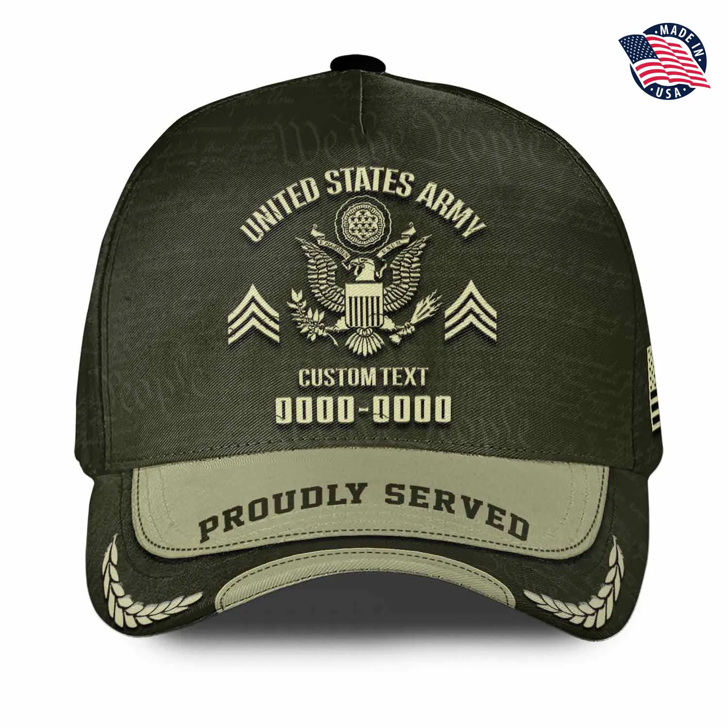 Custom OD Green Veteran Hat - Personalized Branch, Rank & Years - Classic Military Cap #000182