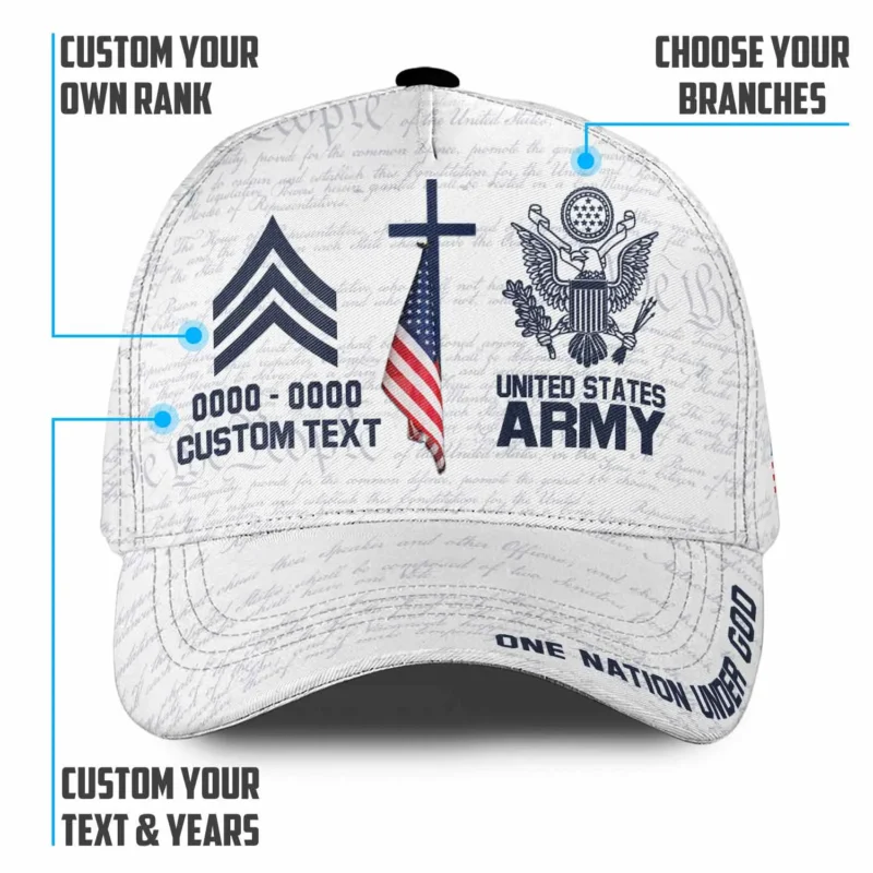 Custom One Nation Under God Veteran Hat - Personalized Branch, Rank & Name - Cross & Flag Design #000196