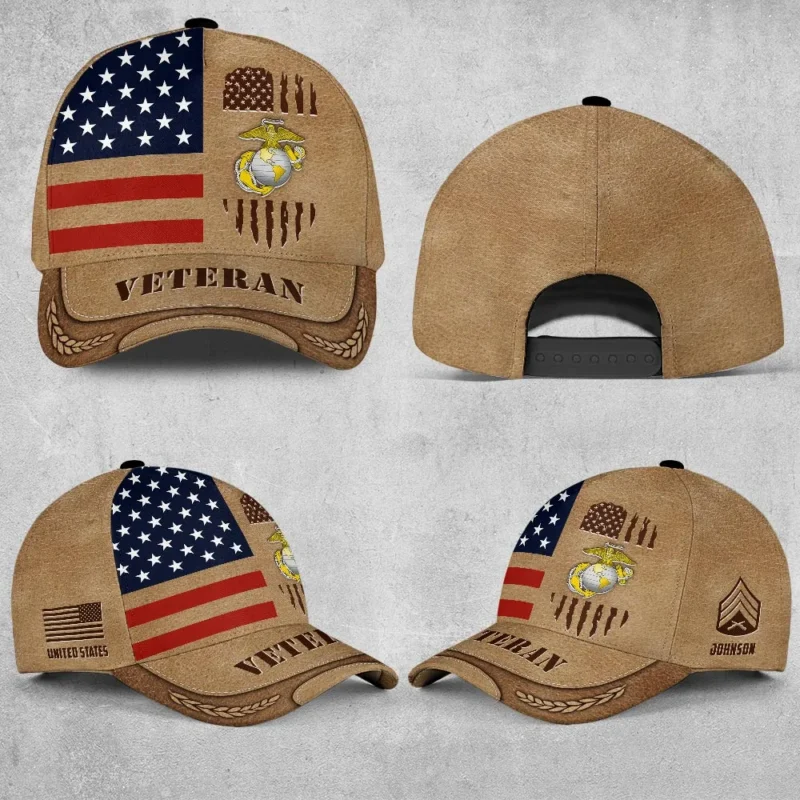 Custom Tattered Flag U.S Marine Corps Veteran Printed Hat - Personalized Rank & Name #000261
