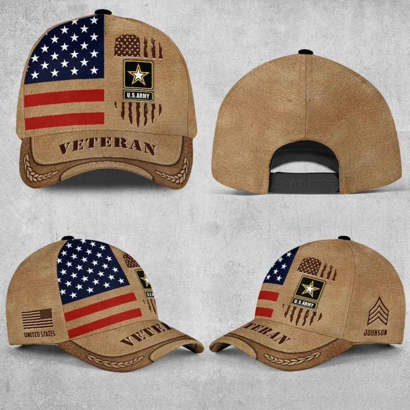 Custom Tattered Flag U.S Veteran Printed Hat - Personalized Branch, Rank & Name #000257